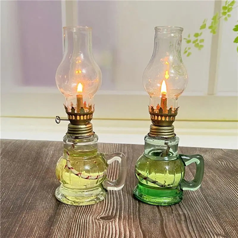 Mini Glass Oil Lamp with Shade Retro Windproof Desktop Kerosene Lantern Candle Holder — 19.5 cm (7.7 in)