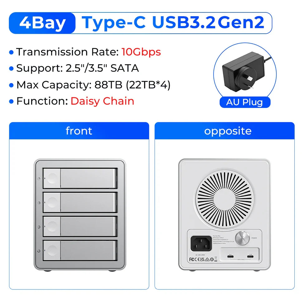 5-Bay 10Gbps SATA HDD & SSD Docking Station, 2.5"/3.5" USB 3.2 Gen2 Type-C Enclosure with Daisy Chain & 150W Power