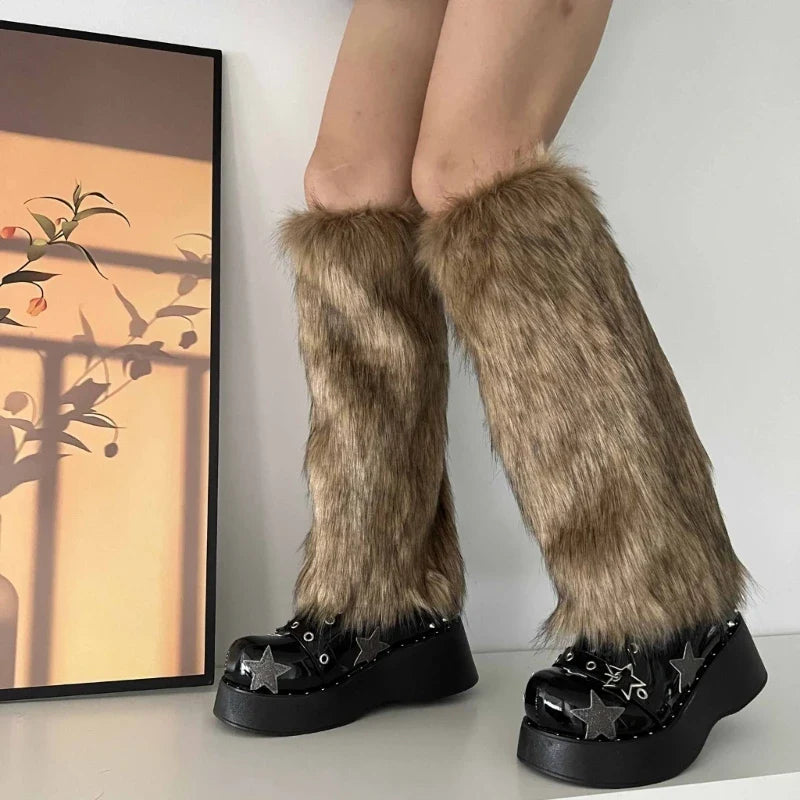 Faux Fur Leg Warmers Knee-High Boot Covers – Plush Y2K Goth Punk Warm Socks
