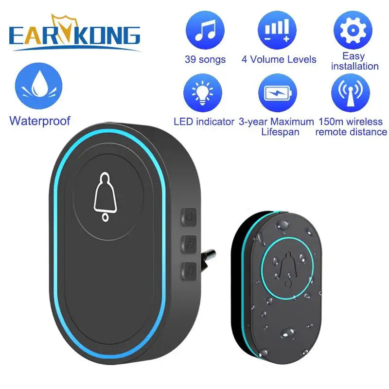 Smart Wireless Doorbell Waterproof Long Range 300m (984 ft) Remote Chime - Plug-in Options EU/UK/US, 39 Melodies