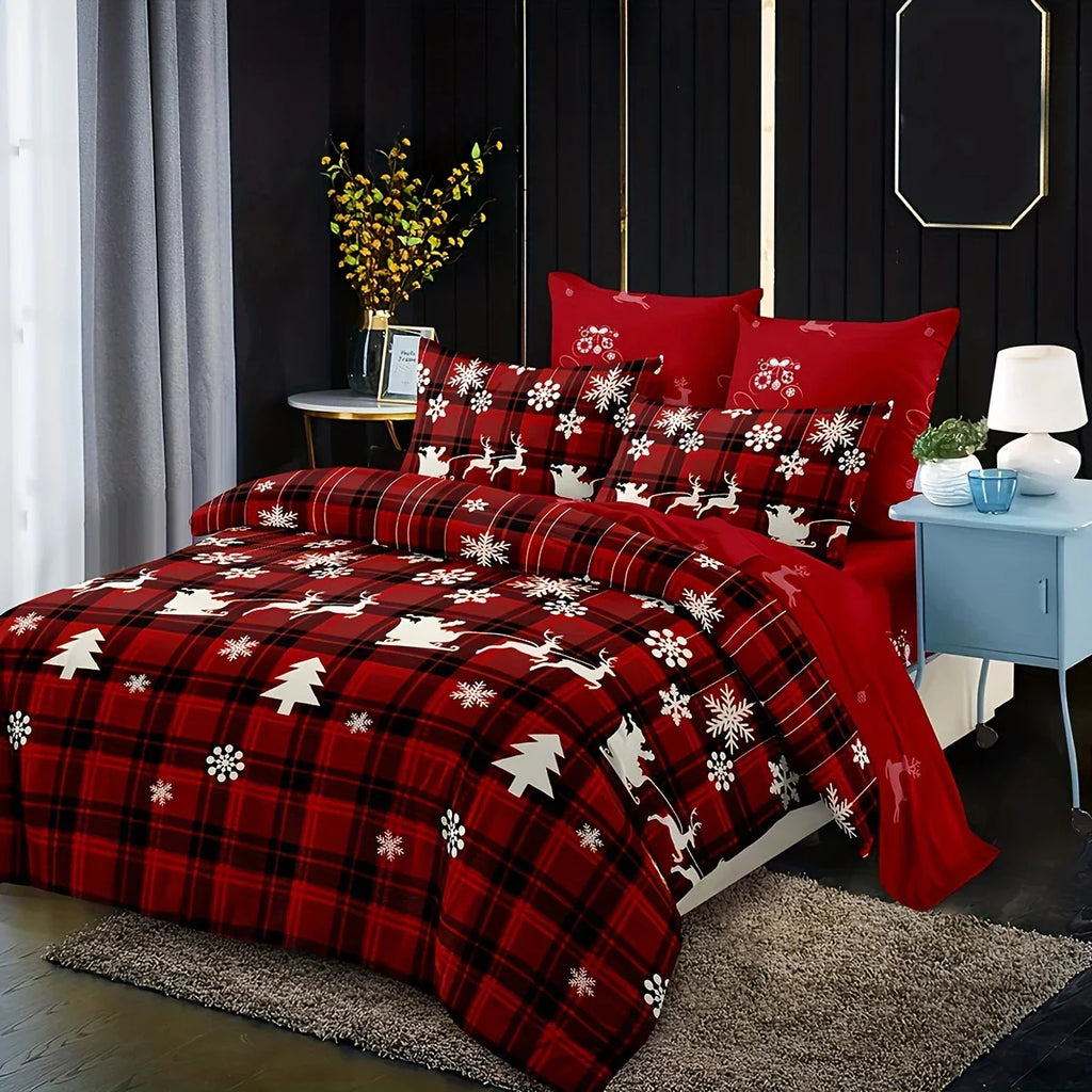 3-Piece Christmas Duvet Cover Set – Checkered Elk & Snowflake Print, Soft Breathable Hypoallergenic Polyester, Machine Washable