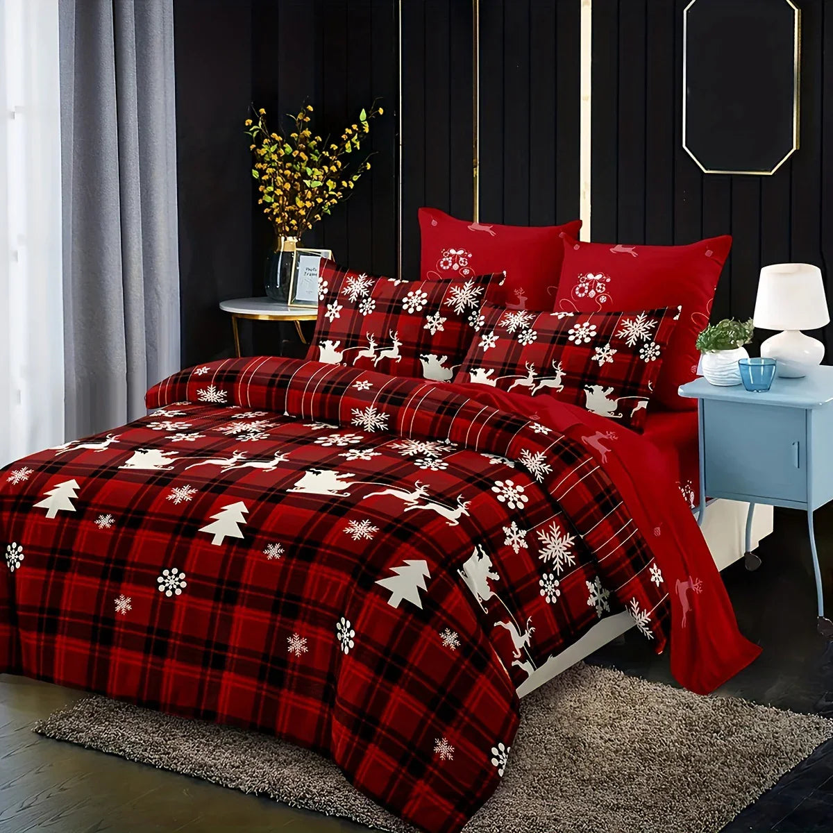 3-Piece Christmas Duvet Cover Set – Checkered Elk & Snowflake Print, Soft Breathable Hypoallergenic Polyester, Machine Washable