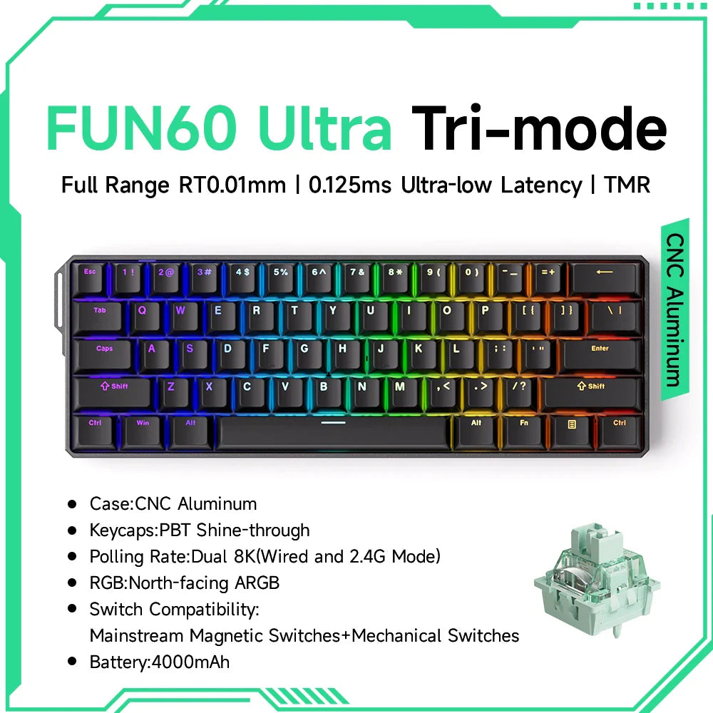 60% Magnetic Hot-Swappable Mechanical Keyboard — Tri-Mode USB-C / Bluetooth 5.0 / 2.4GHz, PBT Doubleshot Keycaps & ARGB Lighting