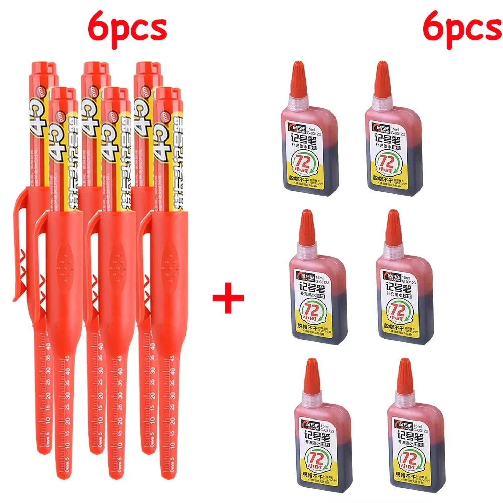 Waterproof Carpenter & Tile Marker Pen 45mm Long Nib — Deep-Hole Woodworking Marker, Black Blue Red (1–6 Pack)