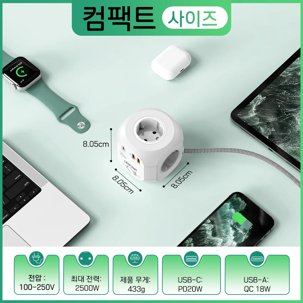 Flat EU Plug Power Strip Cube – 4 AC Outlets, 2 QC3.0 USB + 1 USB-C PD 20W Fast Charging, Surge Protector, 2m Braided Cord