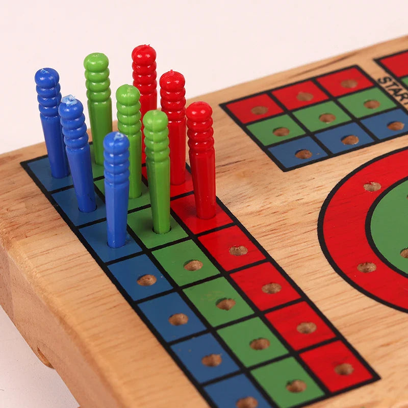 Wooden 3-Track Cribbage Board Game with 9 Pegs — Portable Classic Family Travel Card Game