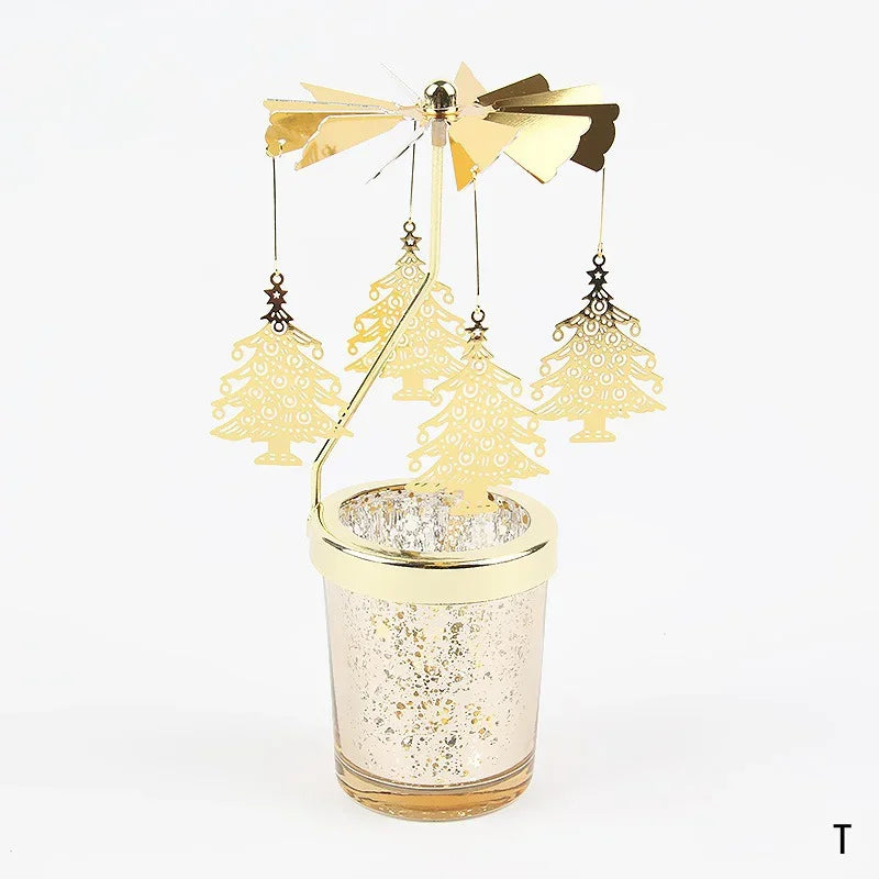 Rotating Tea Light Candle Holder Carousel Stand 6.7x3.1in (17x8cm) Metal Spinning Candlestick Gold Silver Home Party Christmas Decor Gift