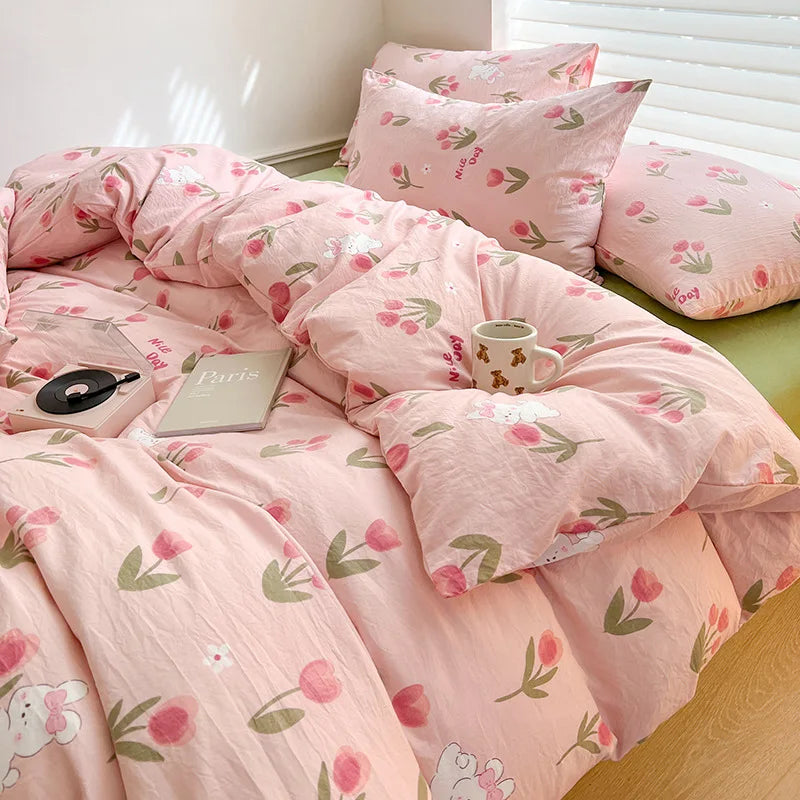 Floral Kawaii Bed Linen Set - Bed Sheet & Duvet Cover Twin / Full / Queen / King (3-4 Pc)