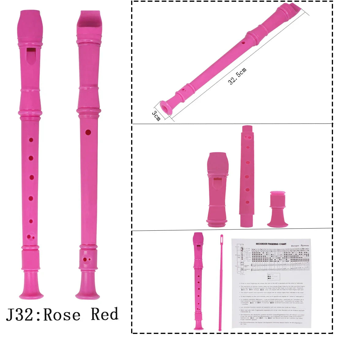 8-Hole ABS Recorder Long Flute for Kids & Beginners, Colorful Woodwind Instrument with Cleaning Rod (12.8 in / 32.5 cm)