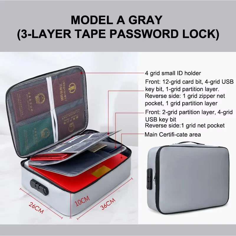 Fireproof Document Bag with Combination Lock, Waterproof File Safe Organizer, Fire & Water Resistant Pouch with Multi-Layer Card Slots — 14.6 x 11.4 x 3.9 in (37 x 29 x 10 cm)
