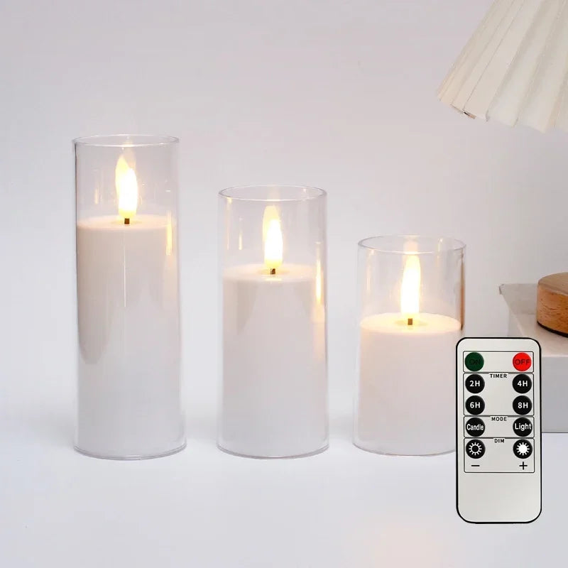3-Piece Acrylic Flameless LED Candles with Remote & Timer, Flickering Battery-Operated Clear Glass Effect for Wedding, Party & Christmas
