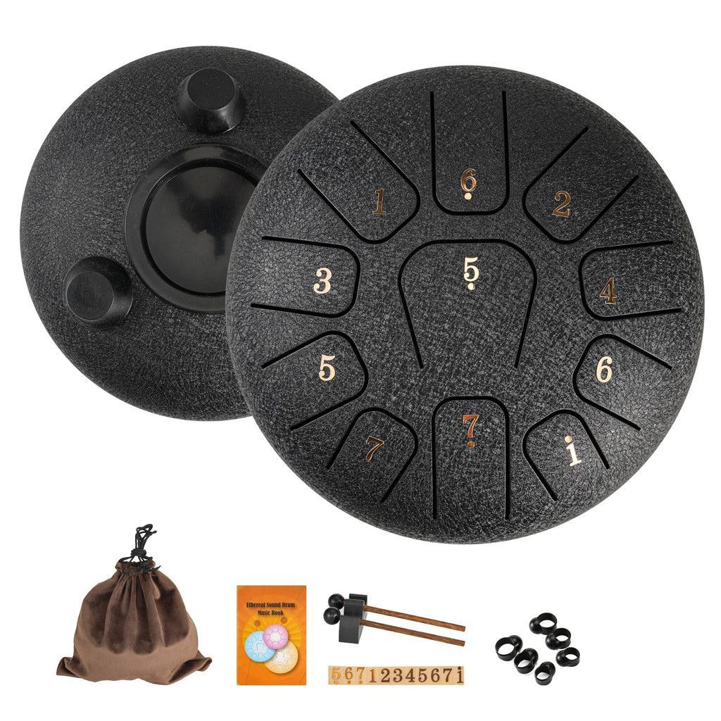6-Inch (15 cm) 11-Note Steel Tongue Drum Set with Sticks & Carry Bag — Sound Healing for Yoga & Meditation