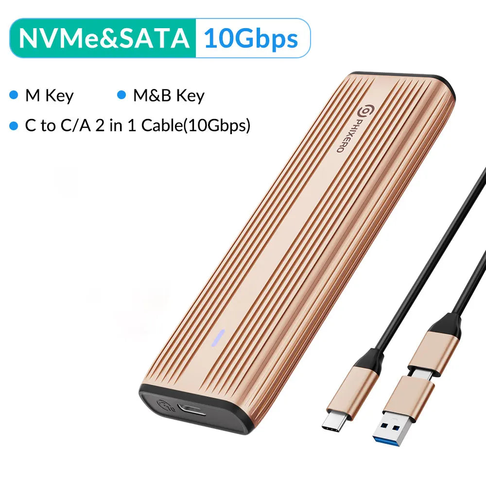 M.2 NVMe & SATA SSD Enclosure USB-C 10Gbps (USB 3.1 Gen2) Tool-Free Aluminum Case — Supports 2230/2242/2260/2280