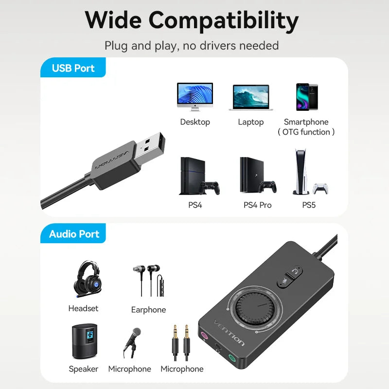 USB External Sound Card - USB to 3.5mm Audio Adapter with Volume Control, Mic & Headphone Splitter, 16-bit 48KHz
