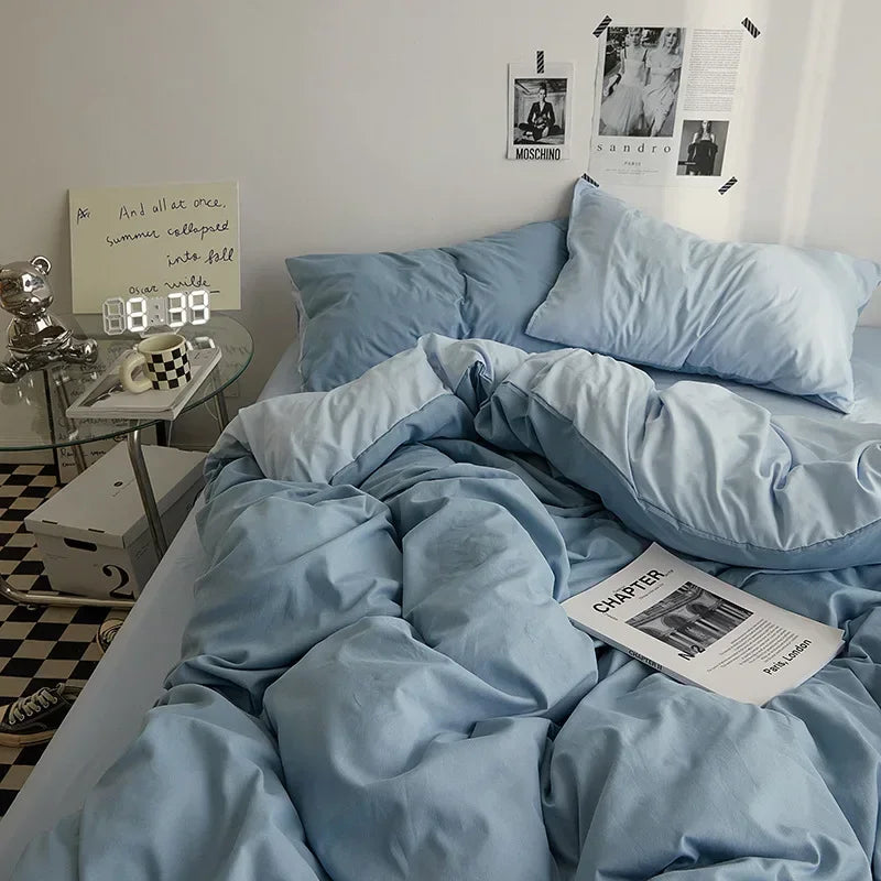Washed Cotton Solid 4-Piece Bedding Set – 1.5 m (5 ft / 60 in) & 1.8 m (6 ft / 72 in) Duvet Cover, Fitted Sheet & Envelope Pillowcases