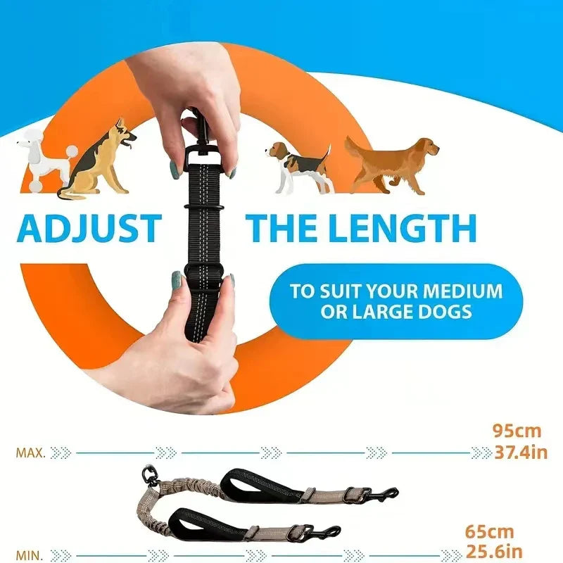 Dual Dog Leash Coupler – Padded No-Tangle Bungee Leash with 360° Swivel, Reflective & Shock-Absorbing