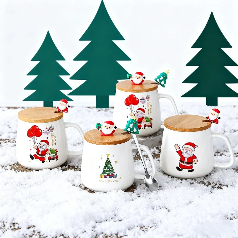 Christmas Tree Ceramic Mug with Lid and Spoon, Holiday Coffee & Tea Gift