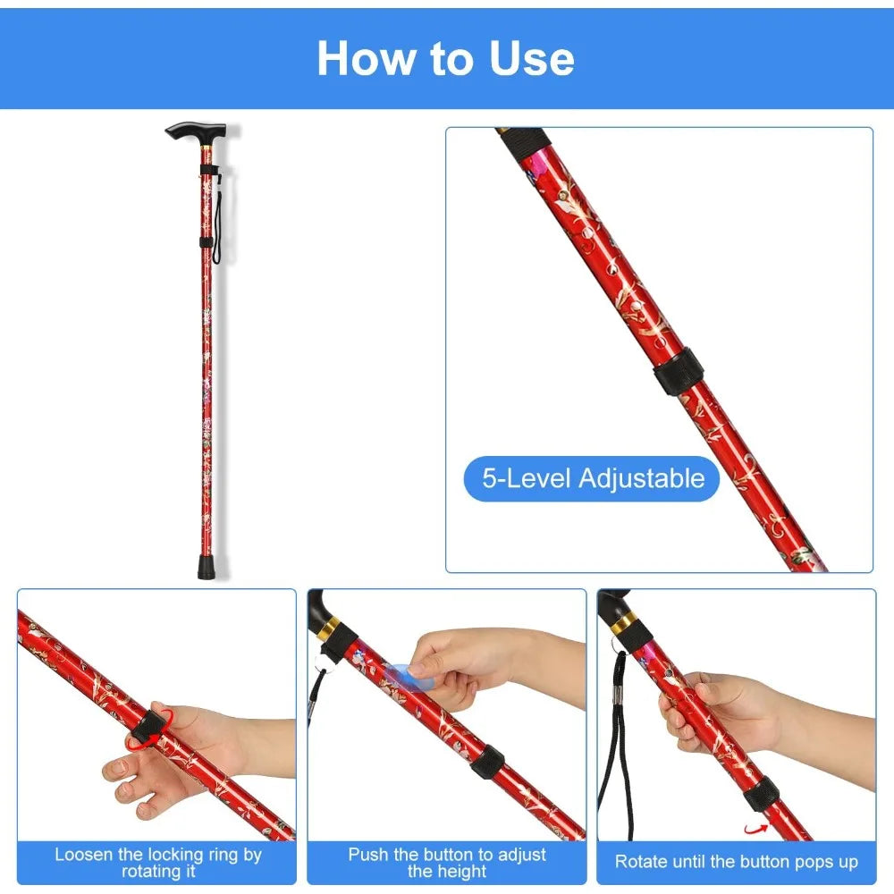 Adjustable Foldable Flower-Top Aluminum Walking Cane – T-Handle Portable Hiking Stick, 32–36 in (82–92 cm)