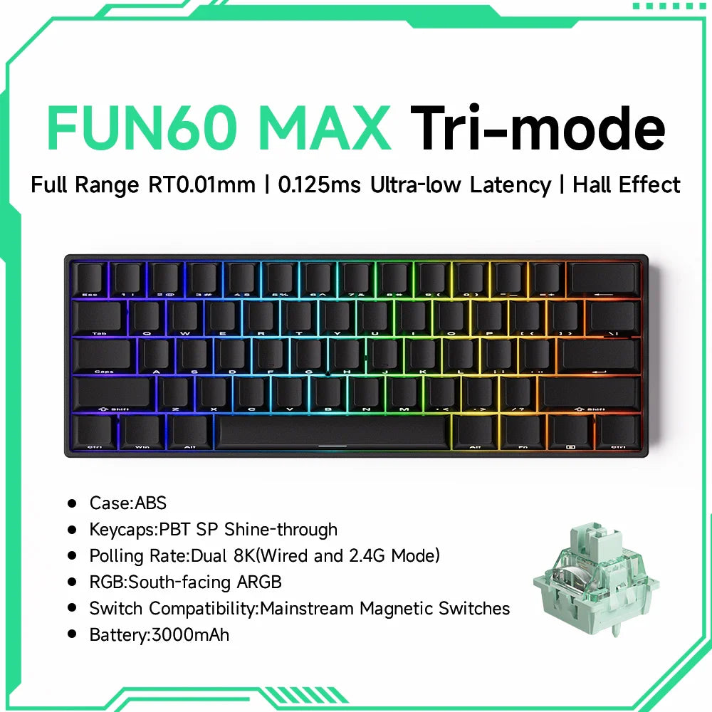 60% Magnetic Hot-Swappable Mechanical Keyboard — Tri-Mode USB-C / Bluetooth 5.0 / 2.4GHz, PBT Doubleshot Keycaps & ARGB Lighting