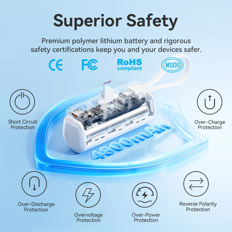 Mini Power Bank 4800mAh 22.5W USB-C PD Portable Charger with Built-In Lightning Cable – Fast External Battery for iPhone Samsung Xiaomi