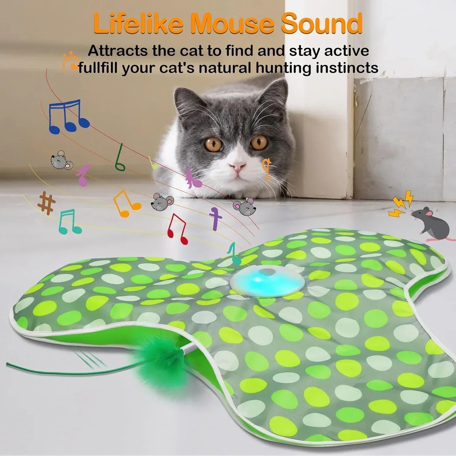 Interactive Hide and Seek Cat Toy – Motion-Activated Squeaky Mouse with Concealed Feather Wand, USB Rechargeable