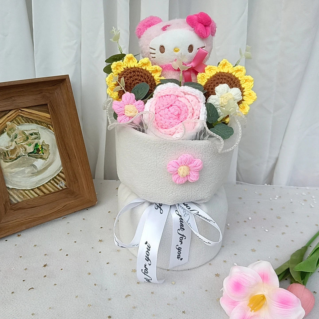 Kawaii Cat Plush Bouquet with Soap Rose Flowers — Cute Valentine's Day, Birthday & Graduation Gift
