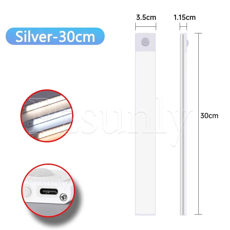USB Rechargeable LED Motion Sensor Bar Light — Dimmable 3-Color Under-Cabinet Night Light, 10/20/30/40/50 cm (4–20 in)