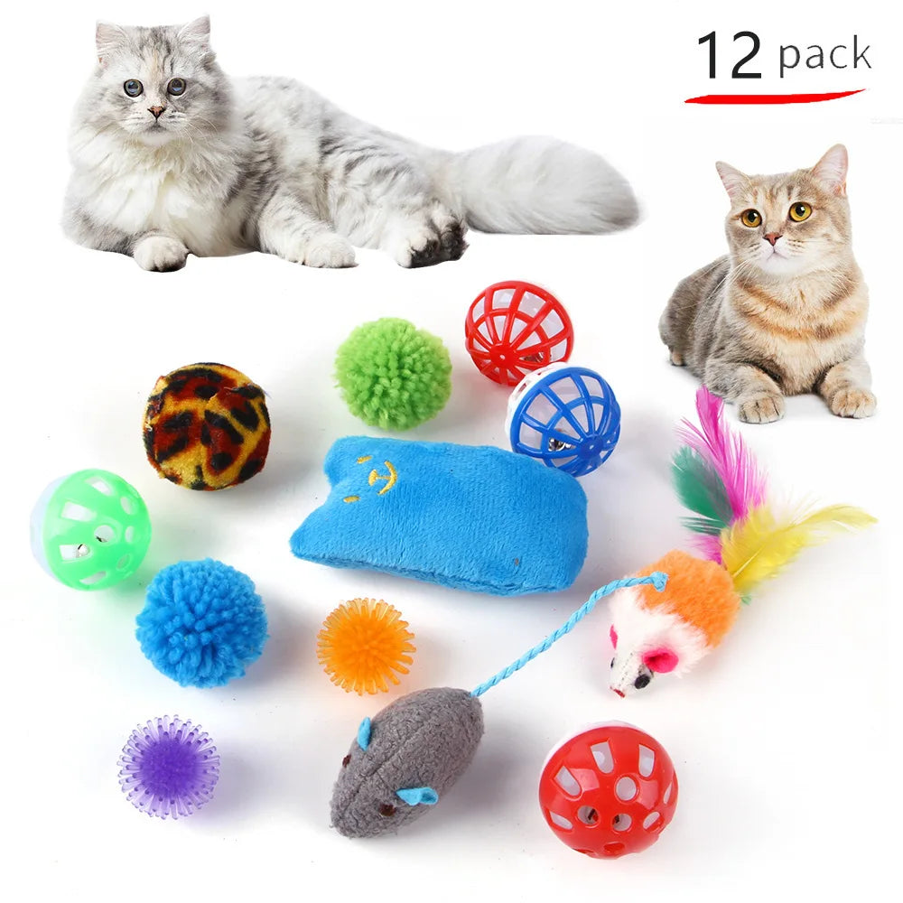 Interactive 11-Piece Cat Toy Variety Set — Feather Wands, Sisal Mice, Bell Balls & Plush Toys