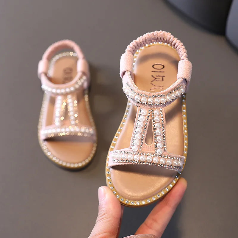 Toddler Girls Gladiator Sandals Beaded Nubuck Leather Slip-On Flat Sandals — Sizes 21–30 (13.5–18 cm | 5.31–7.09 in)