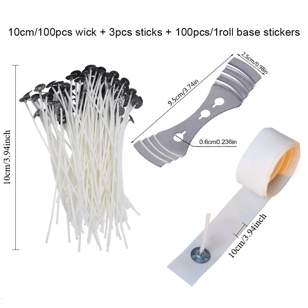 Pre-Waxed Cotton Candle Wicks 100-Pack (2.6–20 cm / 1.0–7.9 in) with Metal Bases, Adhesive Stickers & Holders — DIY Candle Making Kit