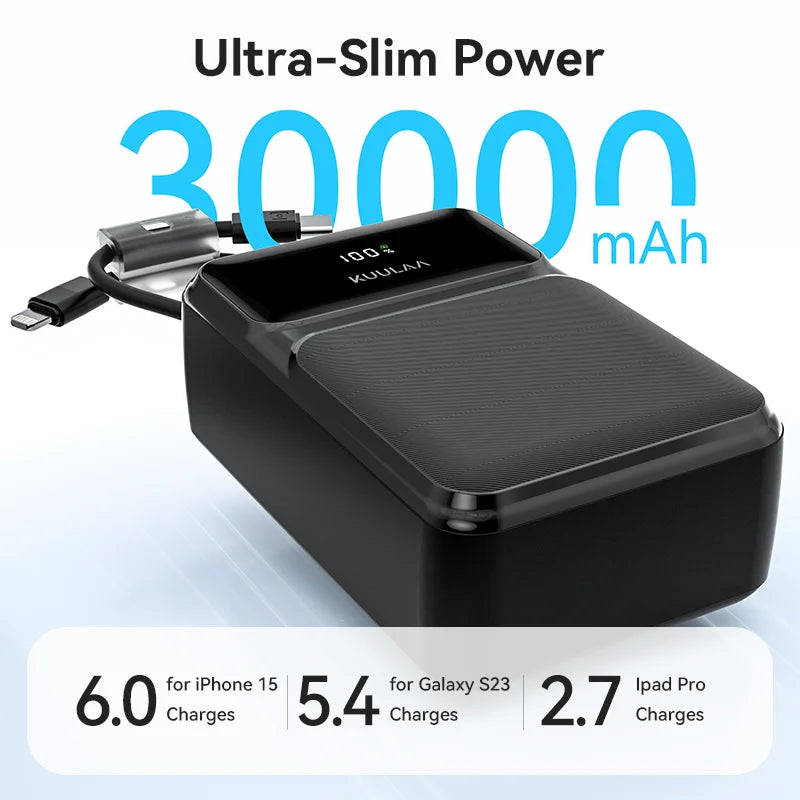 30000mAh 22.5W Portable Power Bank with Built-in Cables — Fast Charger USB-C & USB-A, 4-Device Portable Charger