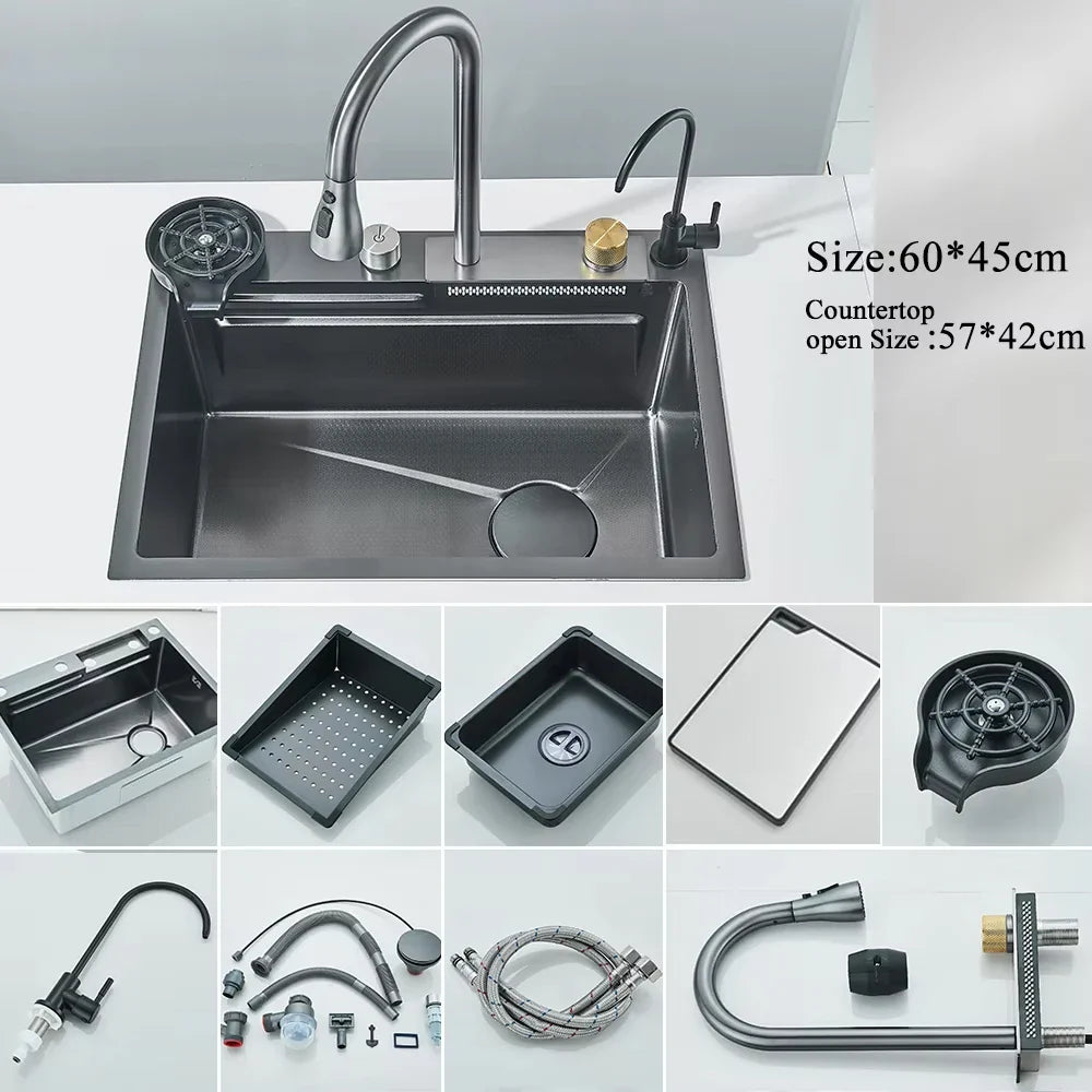 304 Stainless Steel Undermount Kitchen Sink Single Bowl 75 x 45 cm (29.5 x 17.7 in) Brushed Finish with Waterfall Faucet, Digital Display and Soap Dispenser
