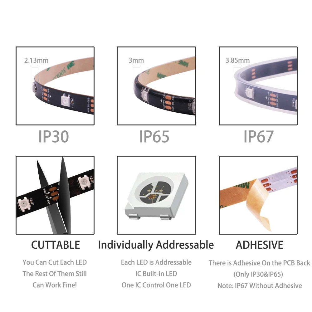 WS2812B 5V Individually Addressable 5050 RGB LED Strip – Smart Pixel LED Tape, IP30/IP65/IP67 Waterproof, Black/White PCB