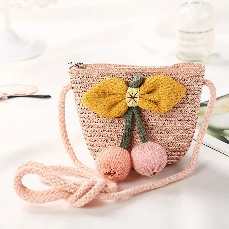 Girls Daisy Straw Mini Messenger Bag, Kids Shoulder Handbag with Coin Purse