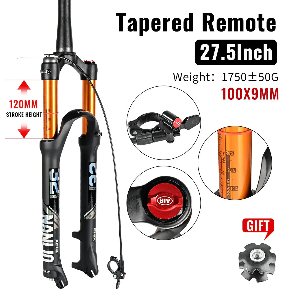 MTB Suspension Fork – Solo Air & Oil Damping, Quick Lockout, Magnesium Alloy, Disc Brake Compatible, Fits 26/27.5/29 in Wheels (Straight or Tapered Steerer)