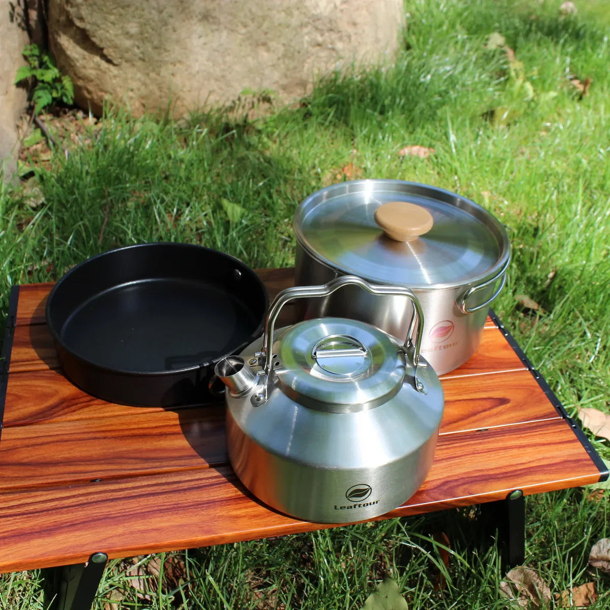 Stainless Steel Camping Cookware Set – Kettle, Pot & Pan for 2–3 People, Portable Outdoor Cooking