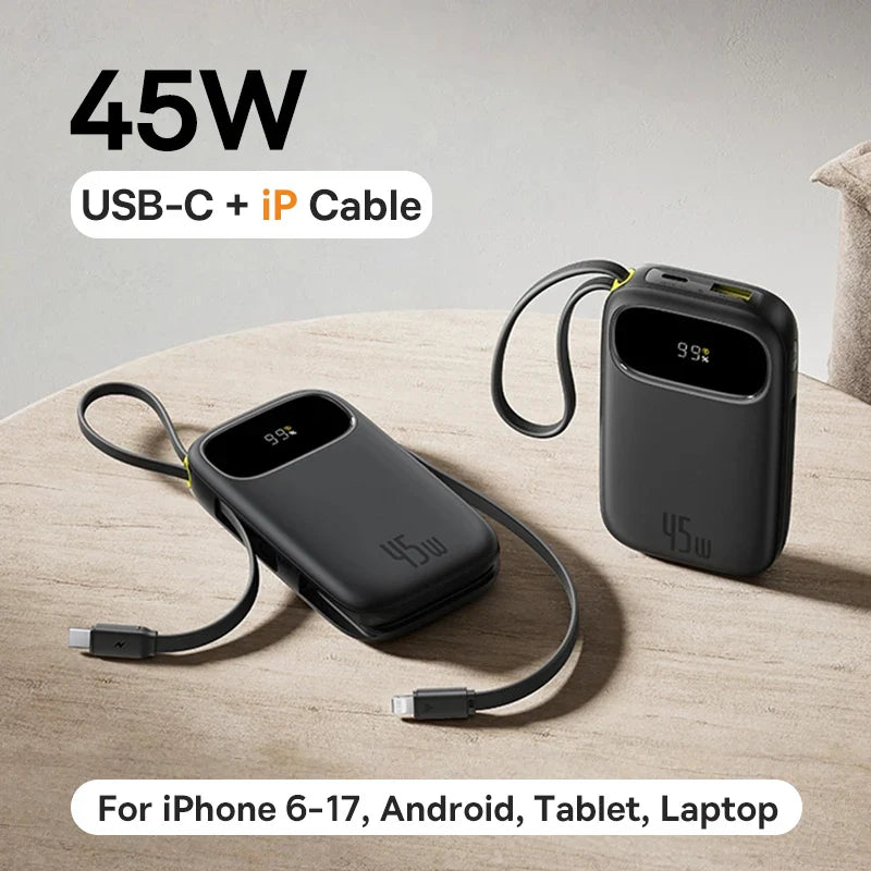 45W Power Bank – 10,000mAh & 20,000mAh Portable Charger with Built-in USB-C + Lightning Cables, USB-A Fast Charge