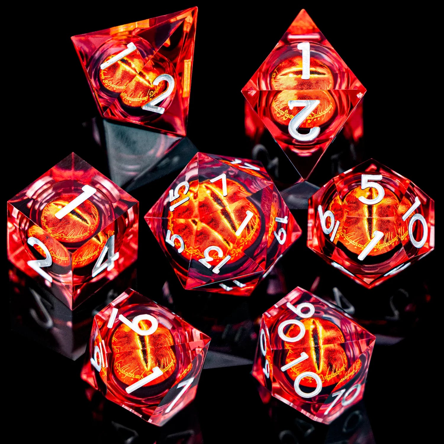 7-Piece Liquid Core Eye of Sauron Resin Dice Set Sharp-Edge D20 for D&D Tabletop RPG