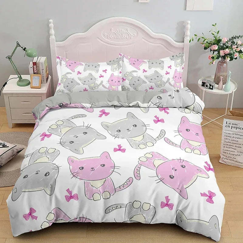 3-Piece Cute Cat Duvet Cover Set - Single-Sided Printed Cartoon Comforter Cover with Pillowcases