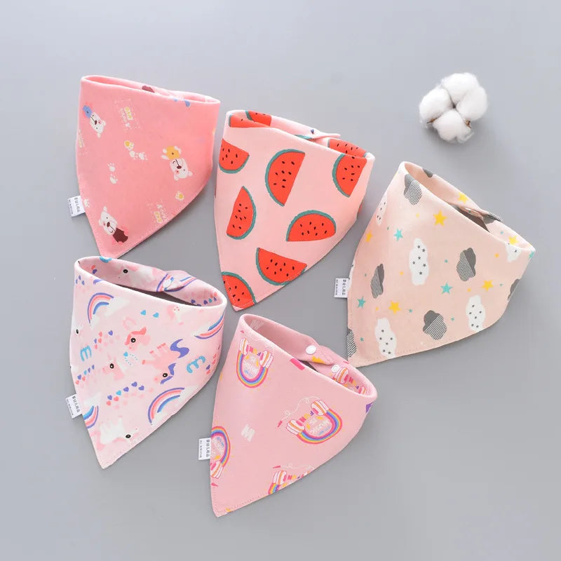 5-Pack Cotton Bandana Bibs – Waterproof Absorbent Baby Triangle Scarves, Cartoon Unisex Bibs