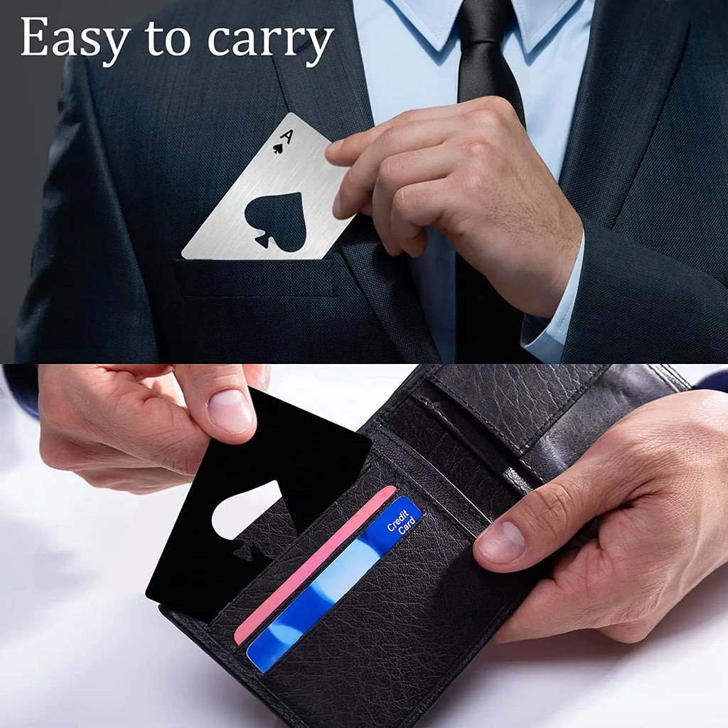 Poker-Shaped Credit Card Bottle Opener — Stainless Steel Wallet Size Beer & Can Opener (85 x 54 mm / 3.35 x 2.13 in) - Black/Silver