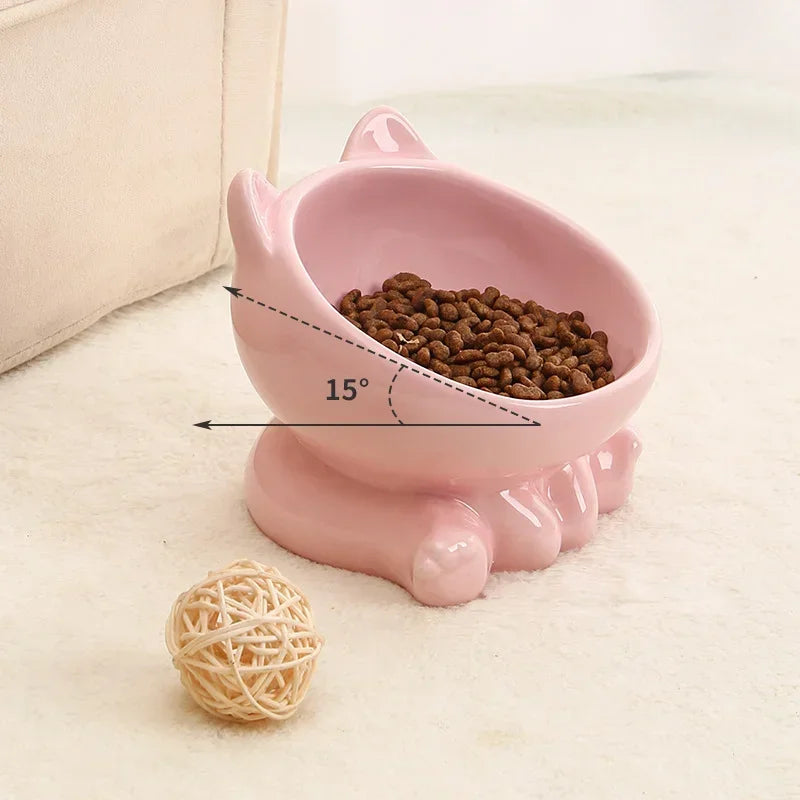 Elevated Ceramic Cat Bowl – Tilted Diagonal Design for Neck Support, Easy-Clean Pet Food & Water Dish