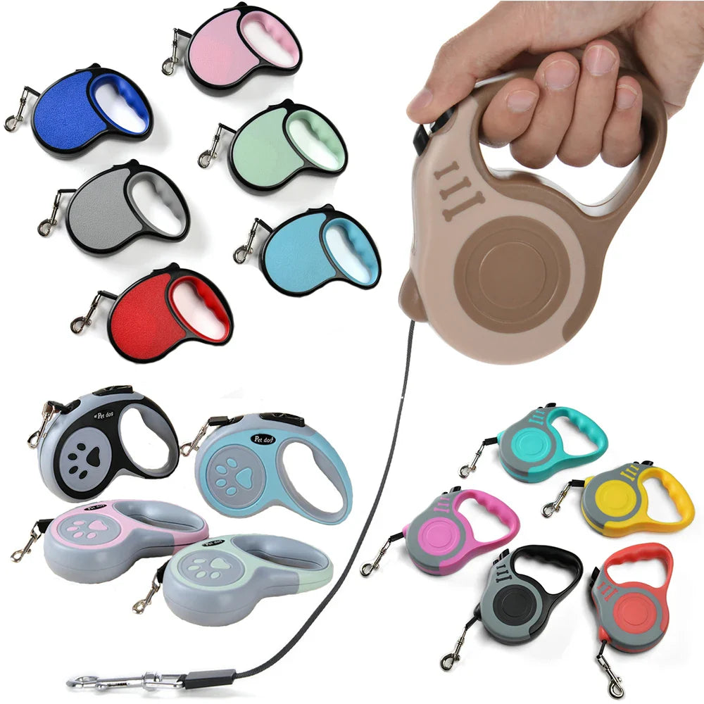 Retractable Dog Leash 3m/5m (9.8ft/16.4ft) Nylon Rope with Quick-Release ABS Case and Paw Print Keychain