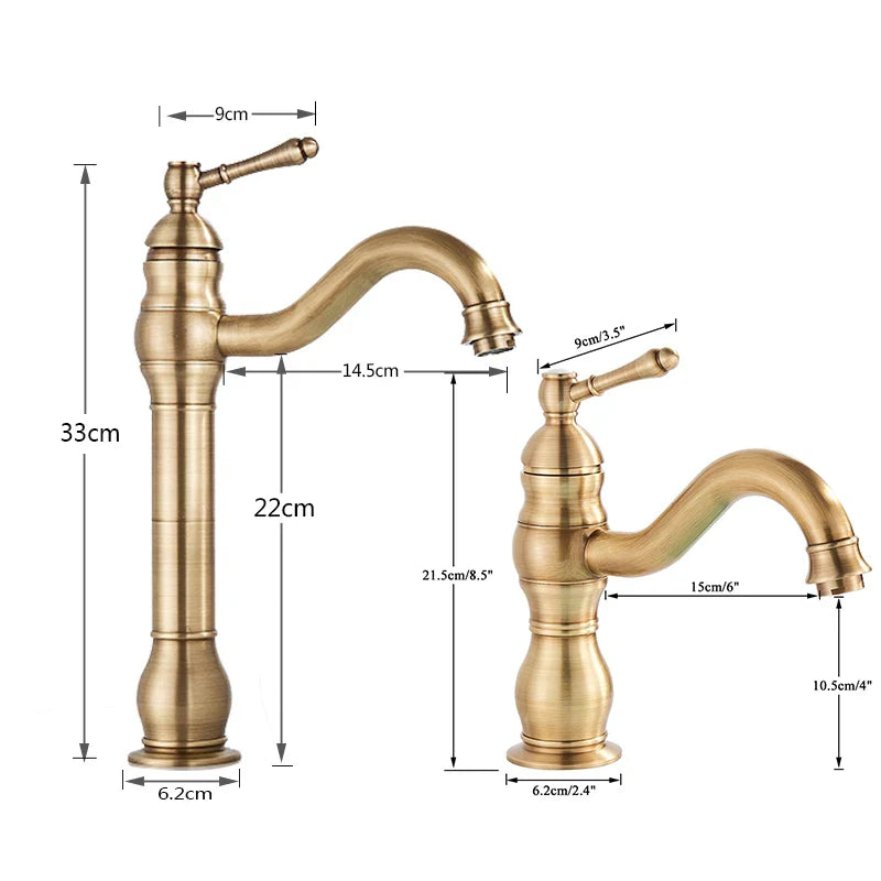 Antique Brass Vessel Sink Faucet Deck-Mounted Single-Hole Bathroom Basin Mixer Tap, Single Handle, Hot & Cold
