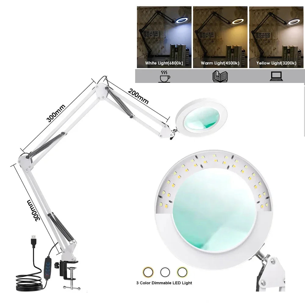 72-LED 8X/10X USB Illuminated Magnifying Lamp — 3-Color Adjustable LED Magnifier with Clamp for Soldering, Crafts, Repair & Skincare