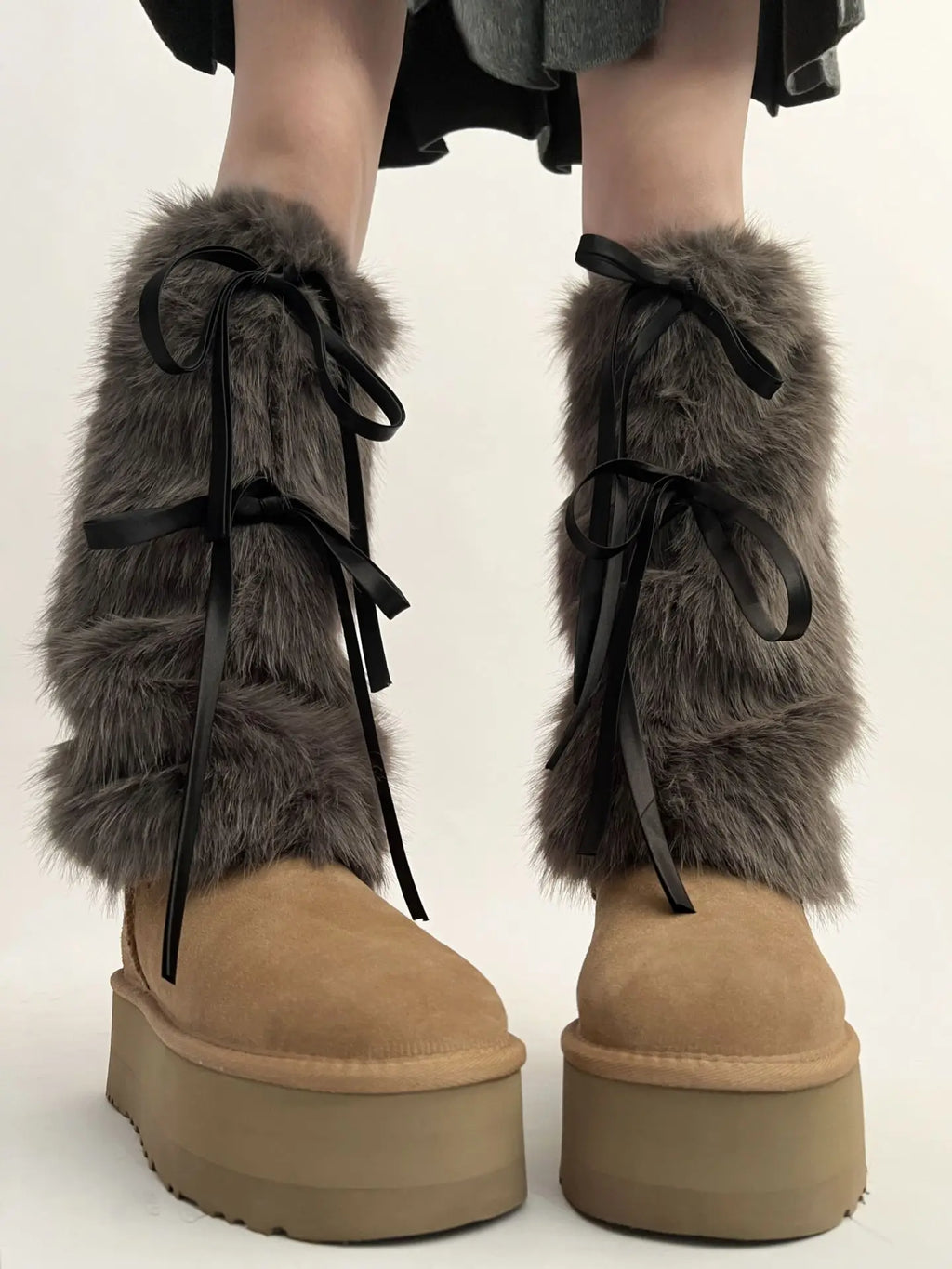 JK Harajuku Furry Plush Boot Cuffs Leg Warmers with Ribbon Bow – White Winter Boot Covers
