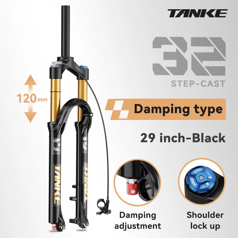 MTB Air Front Suspension Fork 120mm (4.7in) Travel Rebound Adjustable, 26/27.5/29-inch Straight Steerer, 9x100mm Quick Release, Disc Brake Compatible
