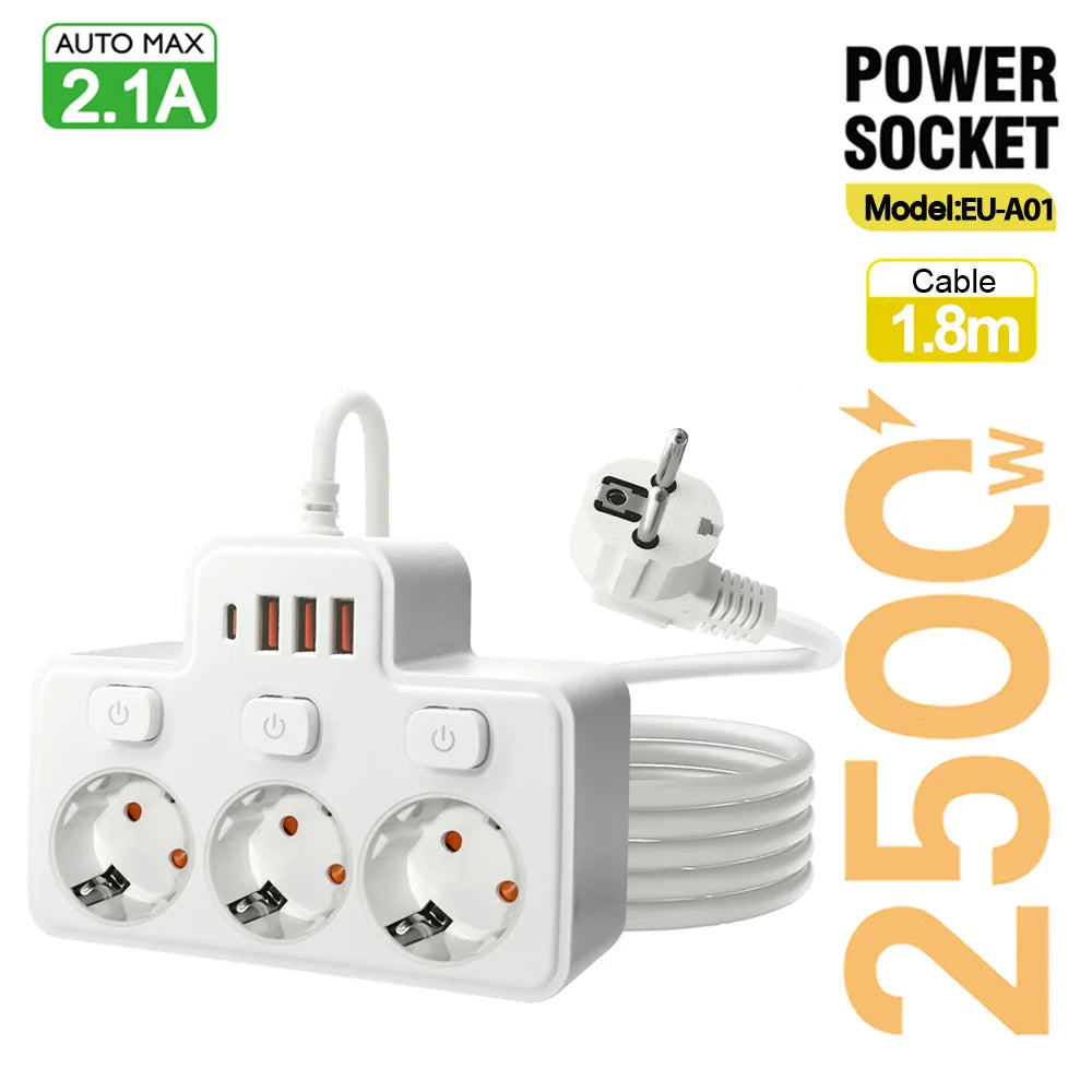 EU Wall-Mounted Power Strip — 3 AC Outlets + 4 USB Ports, Independent Switches, 0.5 m (20 in) Cord