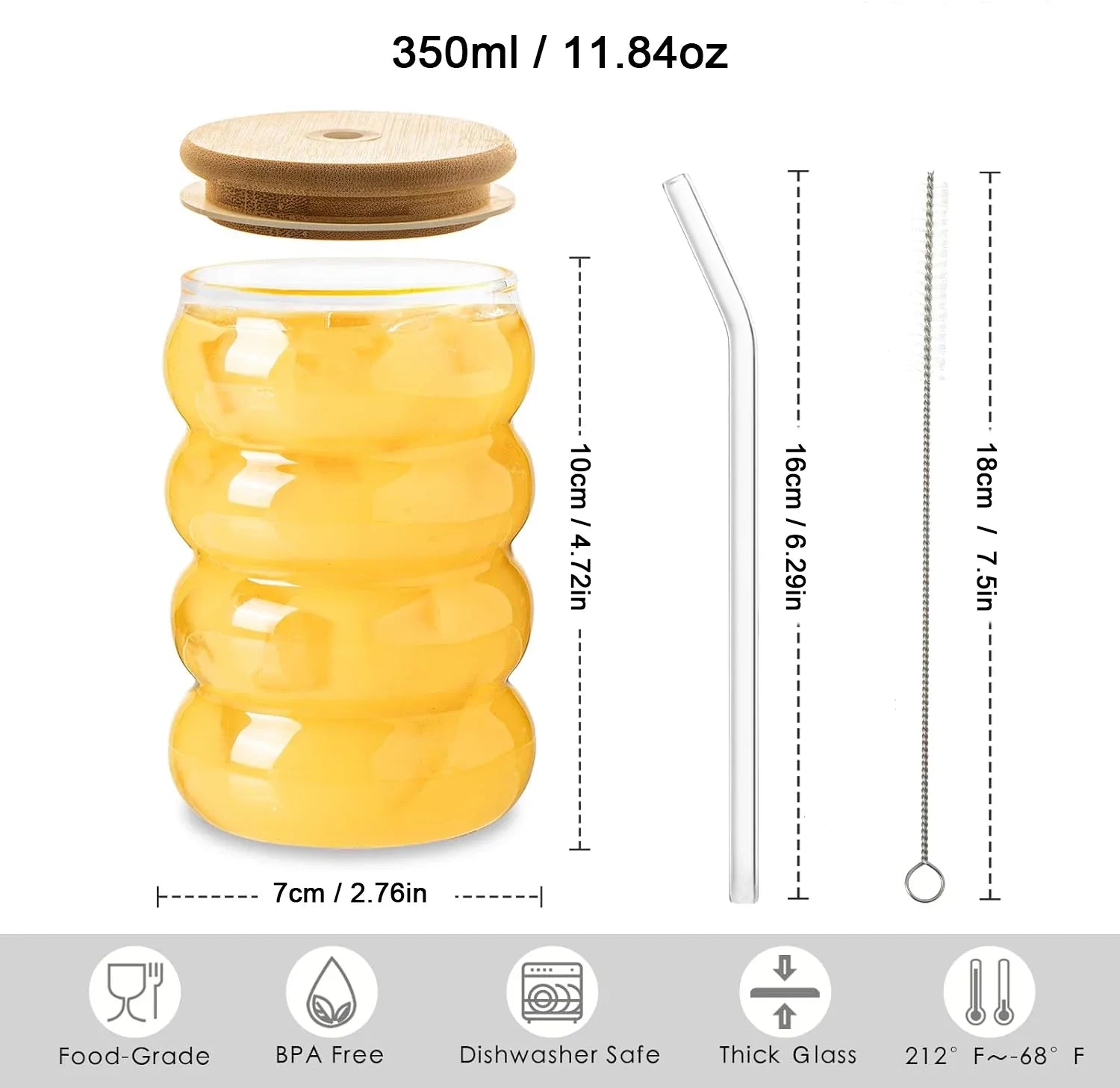 1/2/4-Pack Wave Glass Cups with Lid & Straw — 350ml (12 fl oz) Heat-Resistant Tumblers for Juice, Iced Coffee, Smoothies