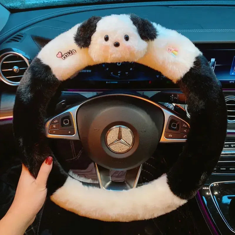 Kawaii Cute Dog Cartoon Steering Wheel Cover 15 in (38 cm) Plush Anti-Slip Warm Car Interior Accessory